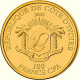Ivory Coast 2023 100 Francs CFA De Greef Edition Signature KOOKABURRA High Relief 1 oz .999 Gold Proof Coin