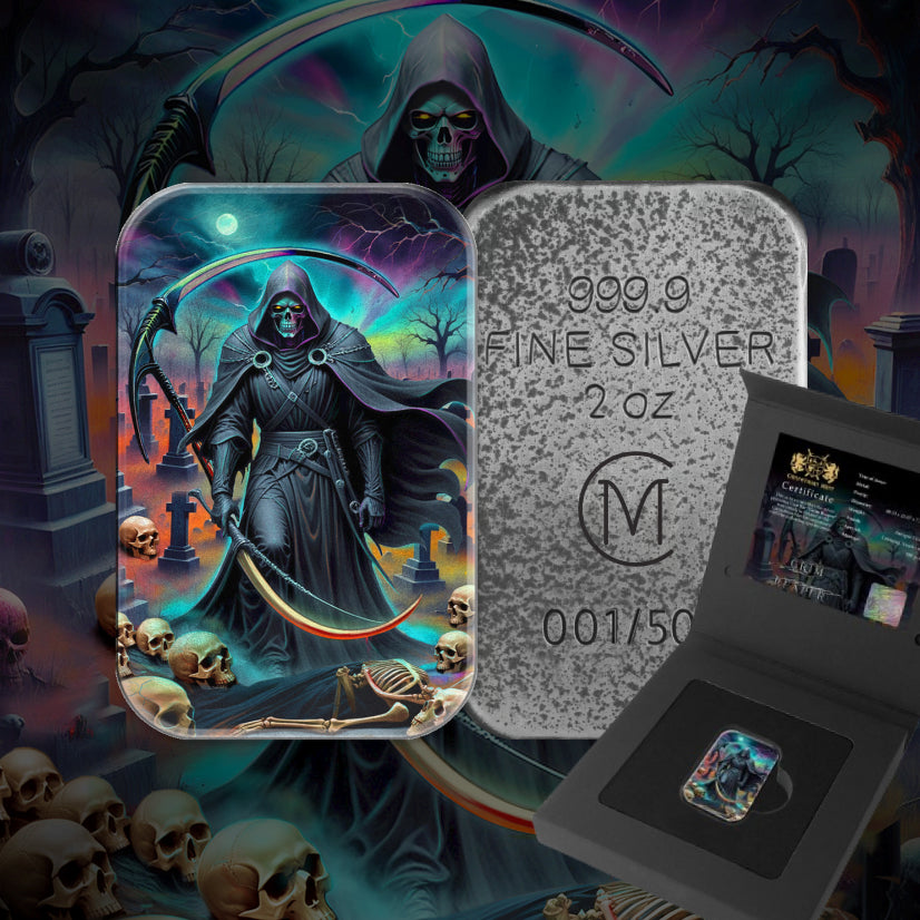 2024 Grim Reaper - 2 oz 999.9 Silver Cast Bar Antique Finish Carpathian Mint