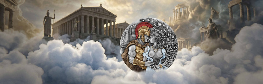  coin with classical design surrounded by classical architecture and clouds page banner - FORTYMILLION