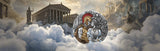  coin with classical design surrounded by classical architecture and clouds page banner - FORTYMILLION