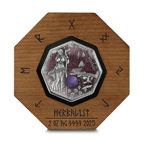 Germania 2025 10 Mark Witchcraft Herbalist 2oz Silver  .999  Octagonal Ultra High Relief Coin, Aventurine and UV Effect