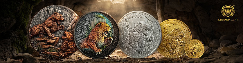 Collection of coins featuring nature-themed designs on a dark background with 'Germania Mint' branding.
