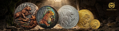 Collection of coins featuring nature-themed designs on a dark background with 'Germania Mint' branding.