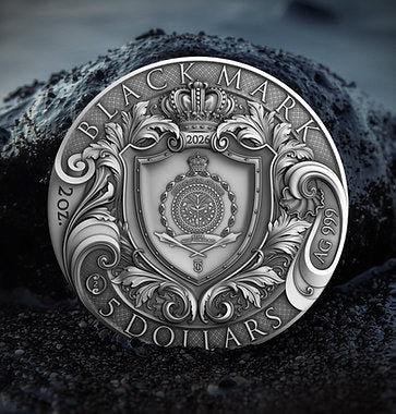 Silver coin with intricate designs and text on a dark background