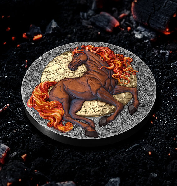 Decorative coin with a horse design on a dark background