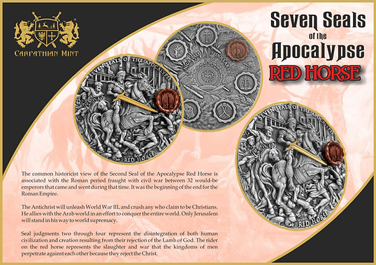 Niue 2025 $7 RED HORSE of VICTORY Seven Seals of the Apocalypse 3 Oz .999 Coloured and Gilded Antique Silver Coin