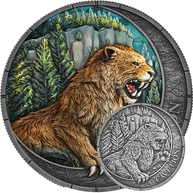 Colorful coin with a lion design and a smaller silver coin with a panther design.