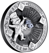 Silver coin featuring a cartoon character with dice and gameboard design