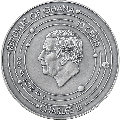 Ghana 2024 10 Cedis MARS Solar System 2 oz Antique Silver Coin Stand & Removable Carnelian  Planet Mars