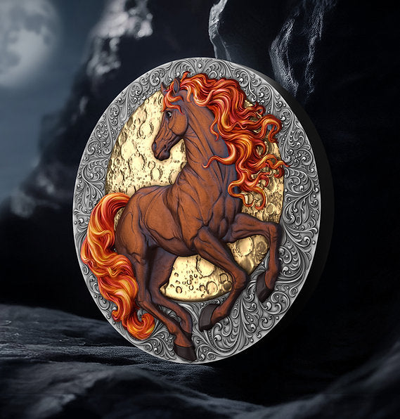 Decorative plaque with a horse design against a dark background