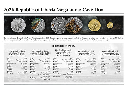 2026 Republic of Liberia Megafauna: Cave Lion coin series with product specifications.