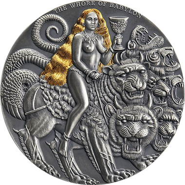 Decorative coin featuring a woman with a snake and a lion on a white background