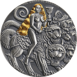 Decorative coin featuring a woman with a snake and a lion on a white background