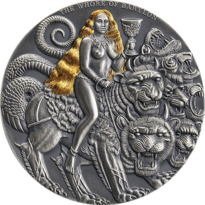 Decorative coin featuring a woman with a snake and a lion on a white background