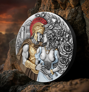 Decorative plaque with classical design of a man and woman embracing, surrounded by flowers, on a rocky background.