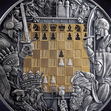 Decorative chessboard with figurines and warriors on a detailed border