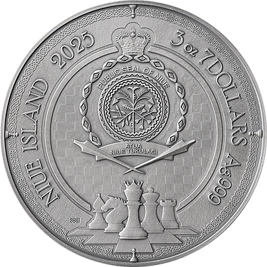 Silver coin with detailed design and text, featuring a seal and symbols, on a white background.