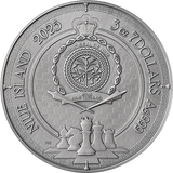 Silver coin with detailed design and text, featuring a seal and symbols, on a white background.