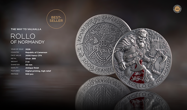 Cameroon 2026 2000 Francs ROLAND OF NORMANDY: The Way to Valhalla 2oz .999 Antique finish Silver