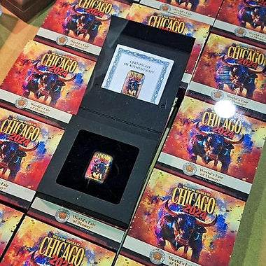 Collectible card with a Chicago-themed design on a display stand surrounded by similar cards.