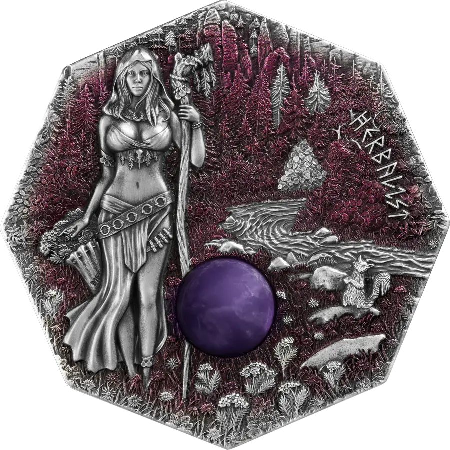 Germania 2025 10 Mark Witchcraft Herbalist 2oz Silver  .999  Octagonal Ultra High Relief Coin, Aventurine and UV Effect