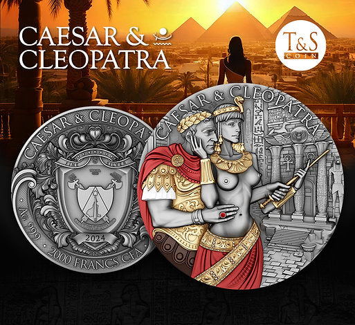 Cameroon 2024 2000 Francs CAESAR & CLEOPATRA - The Power of Love - with Ruby Insert 2oz .999 Silver
