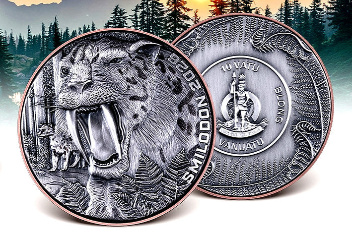 Two silver coins with a Smilodon design and Vanuatu emblem against a forest background.