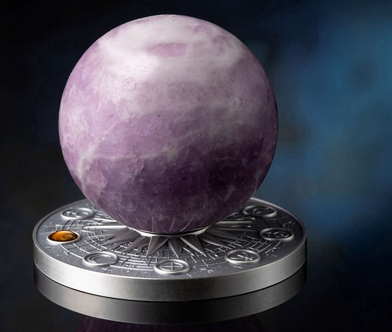 Ghana 2024 10 Cedis MERCURY Solar System 2 oz Antique Silver Coin Stand  & Removable Lepidolite Planet Mercury