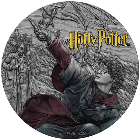 Circular artwork featuring a character from 'Harry Potter' with a dragon in the background.