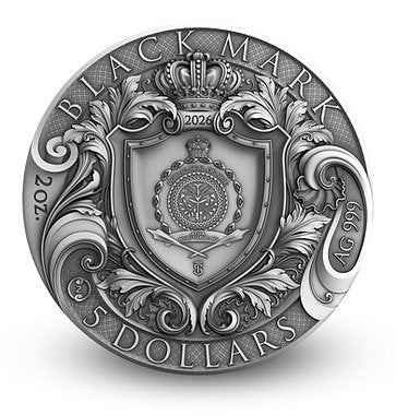 Silver coin with intricate design and text on a white background