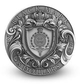 Silver coin with intricate design and text on a white background