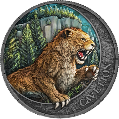 Round decorative piece with a lion illustration and 'Cave Lion' text on a gray background