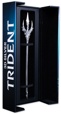 3D silver trident in a black box with '3D Silver Trident' text on a blue background
