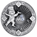 Silver Monopoly-themed coin with character and game elements
