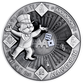 Silver Monopoly-themed coin with character and game elements
