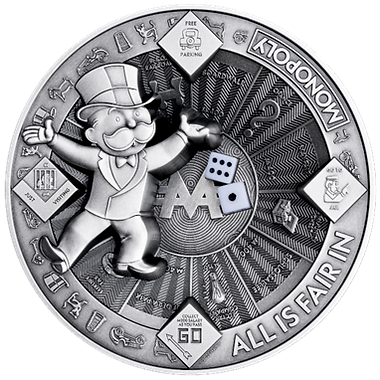 Silver Monopoly-themed coin with character and game elements