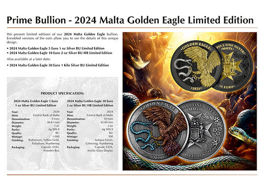 Germania Mint Malta 2024 10 Euro GOLDEN EAGLE 2 oz 999.9 Antique Silver BU HR Limited Edition