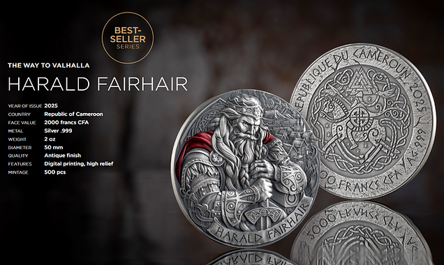 Cameroon 2025  2000 Francs CFA HARALD FAIRHAIR The Way to Valhalla 2 oz .999 Antique Silver