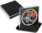 A circular silver coin featuring a colorful artistic representation of Princess Diana on the reverse, with a British flag design in the background. Housed in an Acrylic Display Case with cardboard slip cover.