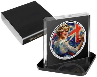 A circular silver coin featuring a colorful artistic representation of Princess Diana on the reverse, with a British flag design in the background. Housed in an Acrylic Display Case with cardboard slip cover.