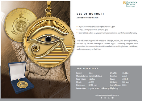 Niue 2025 $1 EYE OF HORUS II - 24kt Gold Glided .999 Silver Coin and Pendant with Crystal