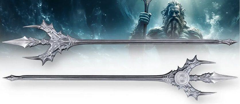 Two silver tridents with detailed designs on a white background