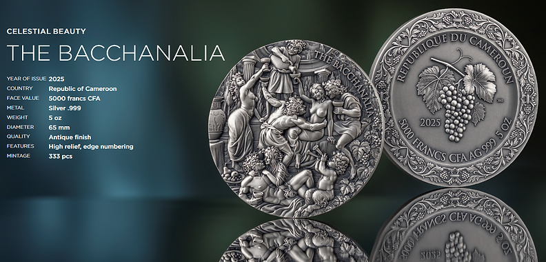 Cameroon 2025 5000 Francs CFA THE BACCHANALIA Celestial Beauty 5oz .999 Antique finish Silver Coin