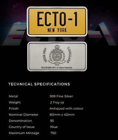 Niue 2024 $5 Ghostbusters™  Ecto-1 License Plate Shaped 2 oz .999 Silver Antiqued Coloured Coin