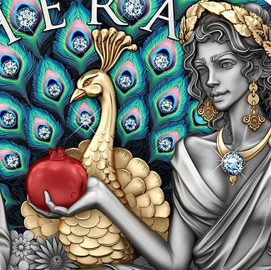 Niue 2025 $5 HERA - Divine Beauty Series - 2 Oz .999 Silver Coin with 23 x Aquamarine embedded Crystals