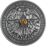 Silver coin with detailed design and text 'Republique du Cameroun 2022' on a white background