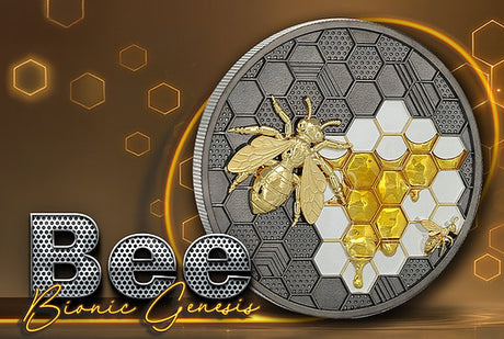Decorative coin with bee and honeycomb design on a brown background with 'Bee Bionic Genesis' text.