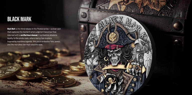 Decorative coin with pirate design on a wooden surface with coins and treasure chest. Banner - FORTYMILLION