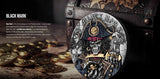 Decorative coin with pirate design on a wooden surface with coins and treasure chest. Banner - FORTYMILLION