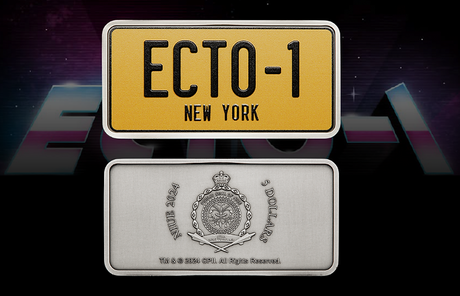Niue 2024 $5 Ghostbusters™  Ecto-1 License Plate Shaped 2 oz .999 Silver Antiqued Coloured Coin